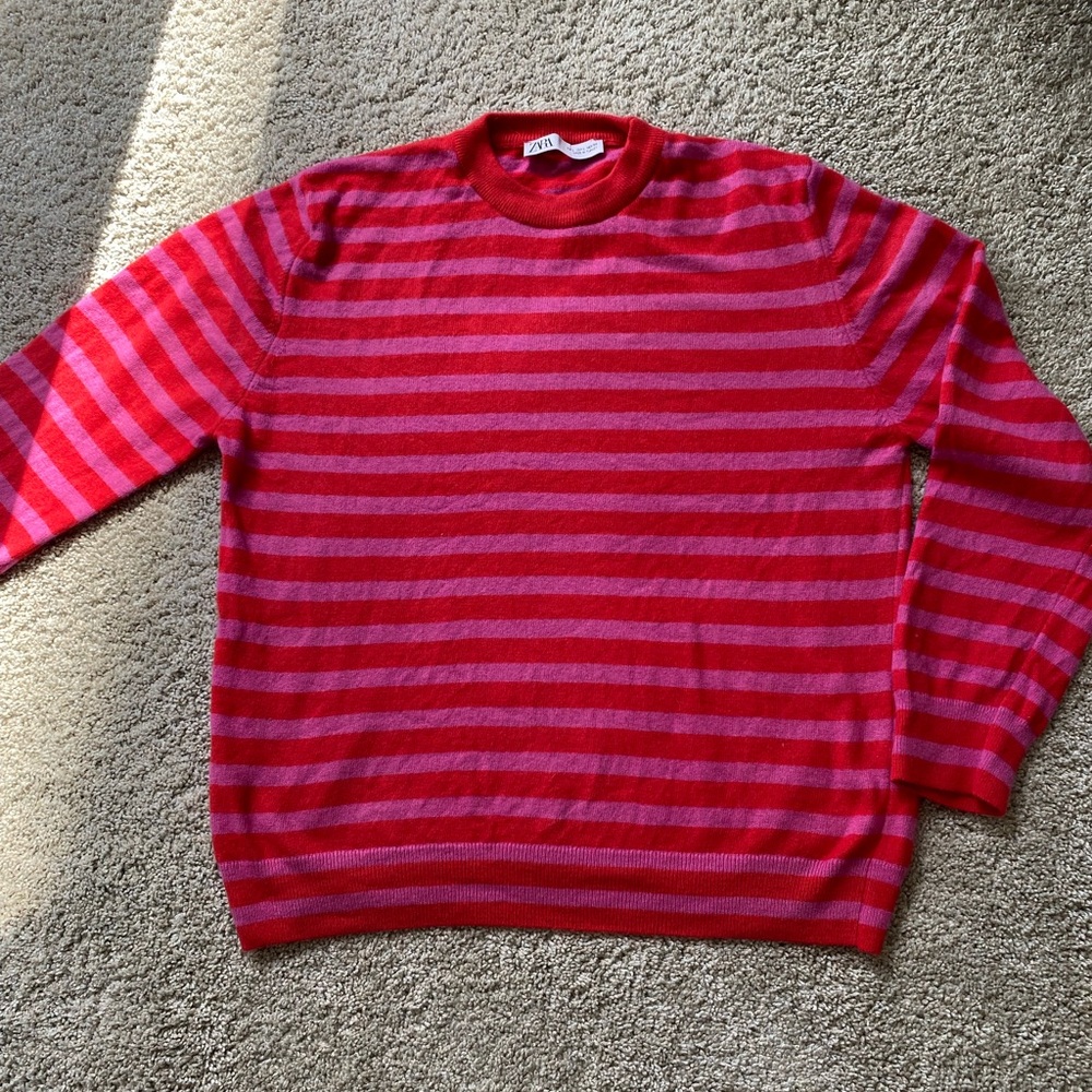 Zara Red & Pink Striped Crewneck Sweater